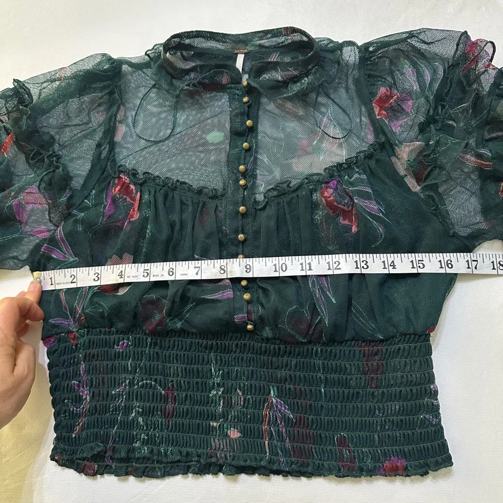Free People Green Floral Sheer Mesh Smocked Blouse S Whimsigoth Victorian Fairy
